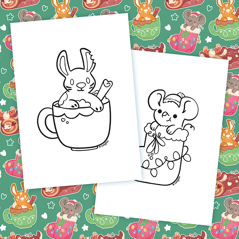 Coloriages de Noël gratuits avec un lapin d'épices, un renne bûche et une souris dans sa chaussette.