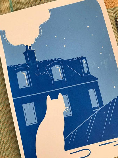 Chat et paysage de nuit. Impression sérigraphiée artisanalement.